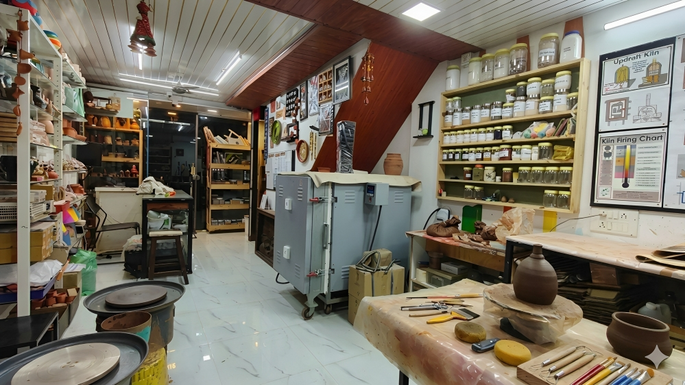 Row of high-grade pottery throwing wheels in our well-lit main workshop area